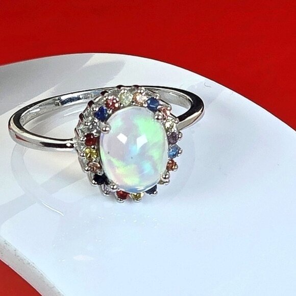 925 Sterling Silver Ring Sz 7 with Natural White Opal 9x7mm & Sapphire Gems - Picture 4 of 7